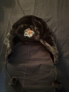 Ed Hardy Black Faux Fur Trapper Hat with Colorful Embroidered Patch